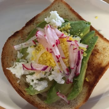 Rooster - Toast covered in avocado, hard boiled egg, and I believe radish.  Good! - New American Near Me - Newington, Connecticut