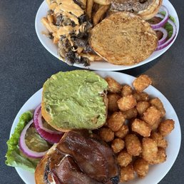 Top: Aggies Jam burger with Shroomy style fries Bottom: Firehouse burger with tater tots Top: Aggies Jam burger with Shroomy style fries Bottom: Firehouse burger with tater tots