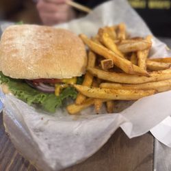Cheese Burger w/ seasoned fries.