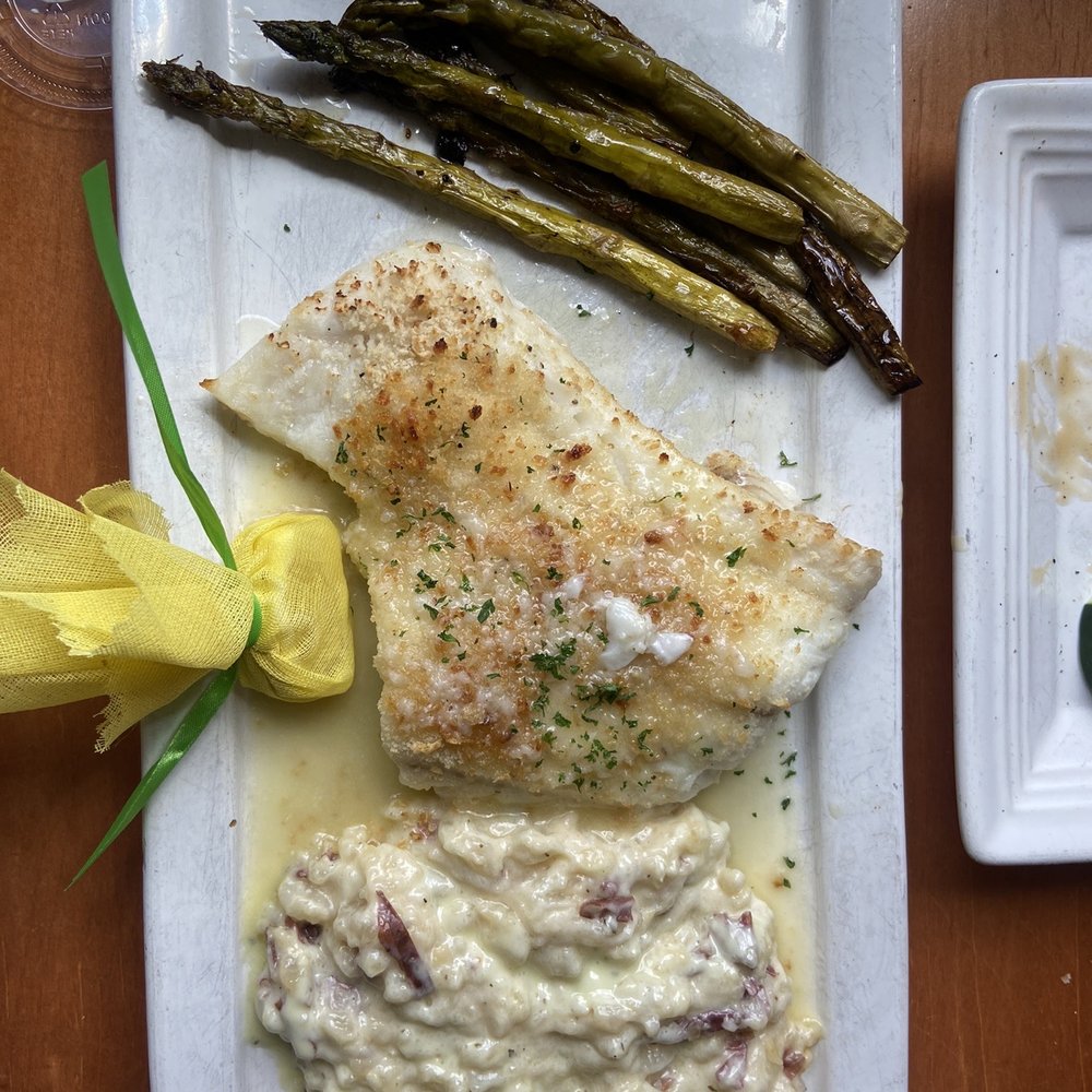 Langley's Restaurant - Baked cod with Cajun mashed potatoes & asparagus - American Near Me - Waterford, Connecticut Langley's Restaurant - Baked cod with Cajun mashed potatoes & asparagus - American Near Me - Waterford, Connecticut