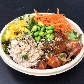 Poke Life - California surf bowl, small (brown rice, greens, salmon, real crab, ponzu, cucumber, corn, carrots, edamame, furikake, sesame) - Poke Near Me - San Francisco, California Poke Life - California surf bowl, small (brown rice, greens, salmon, real crab, ponzu, cucumber, corn, carrots, edamame, furikake, sesame) - Poke Near Me - San Francisco, California