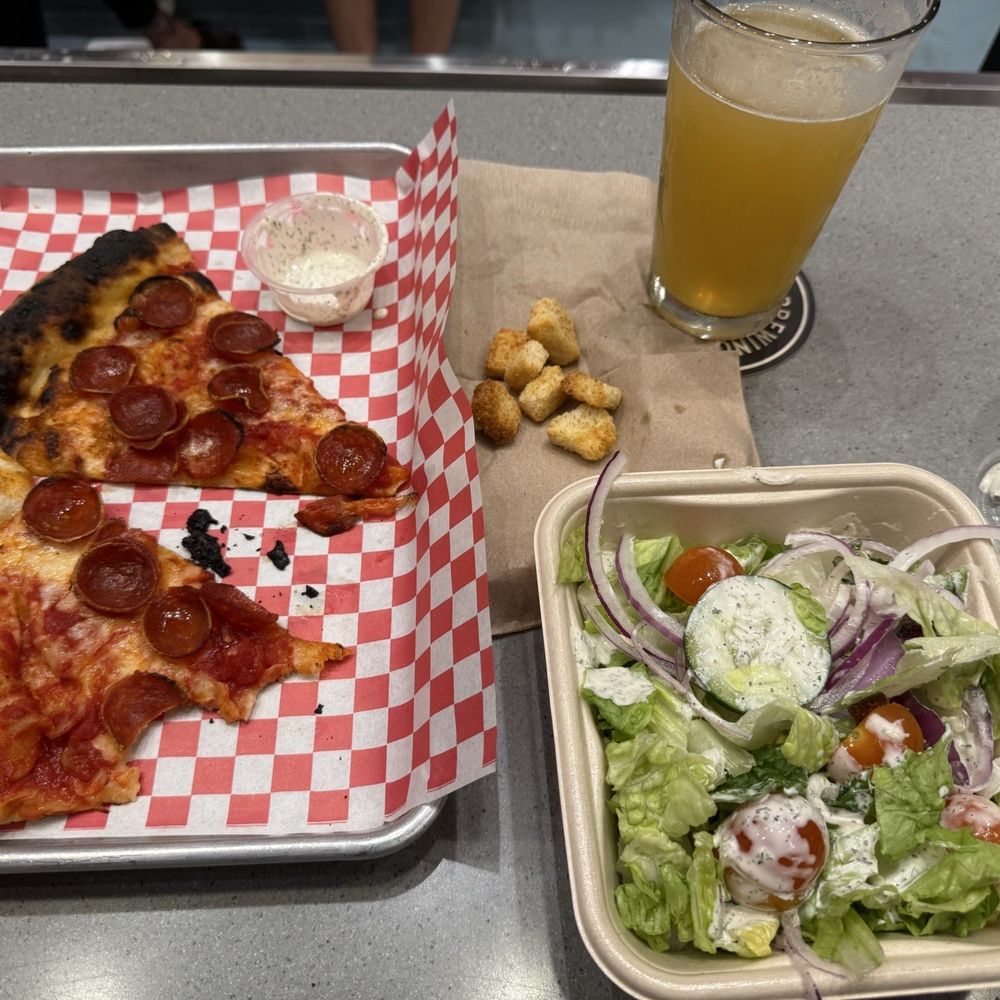 Odie's Pizza - House salad, slice of pepperoni and a Hazy IPA - Pizza Near Me - Oceanside, California