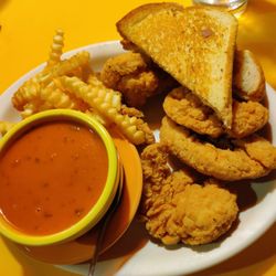 Village Inn - 9/10 - Chicken tenders, tomato basil soup, Texas Toast, fries.