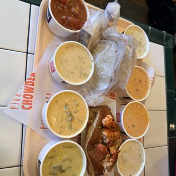 Pike Place Chowder - Chowder sampler (8) and Connecticut-Style Lobster Roll - Seafood Near Me - Seattle, Washington Pike Place Chowder - Chowder sampler (8) and Connecticut-Style Lobster Roll - Seafood Near Me - Seattle, Washington