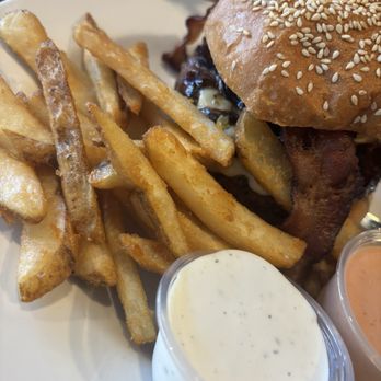 Grants Neighborhood Grill - Big Bleu Burger with bacon - American Near Me - Meridian, Idaho Grants Neighborhood Grill - Big Bleu Burger with bacon - American Near Me - Meridian, Idaho