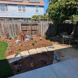 Under tree oasis with mulch, decomposed granite, a flagstone path and drip irrigation throughout