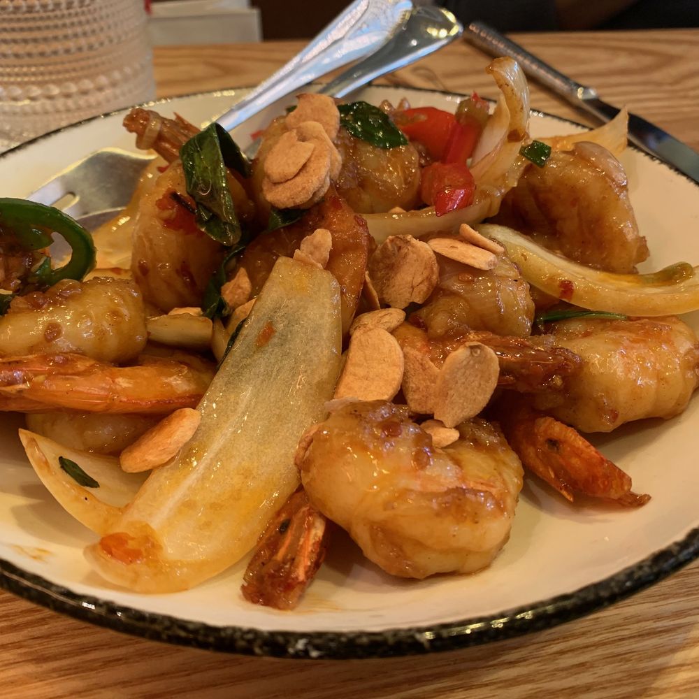 Burma Love - Chili-Garlic Prawns with Onions, Arbol Chili, Jalapenos, Thai Basil, Koji Rice, and Garlic Chips - Burmese Near Me - Menlo Park, California Burma Love - Chili-Garlic Prawns with Onions, Arbol Chili, Jalapenos, Thai Basil, Koji Rice, and Garlic Chips - Burmese Near Me - Menlo Park, California