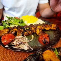 Taste of Persia SJ - Combination of chicken thigh and beef kabob koobideh with saffron rice, tomatoes, salad, onions for $27 [serving for 1 - large portion]