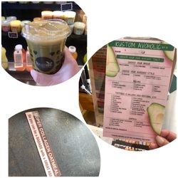 Kreation Organic Juicery - The Skin Drink, Menu bar for $13 Avocado Toast and marketing signage for oatmeal jar. Sassy!