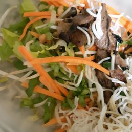 Grilled pork on vermicelli. No fatty or gristly bits. Perfectly fresh+rinsed veg. PERFECT DISH.