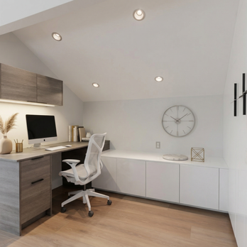 La Vie Interiors - Minimalist home office with a custom L-shaped desk and grey-wood cabinetry. Professional-grade storage and workspace design. - General Contractors Near Me - San Dimas, California