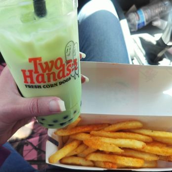 Two Hands Fresh Corn Dogs - Pistachio boba and kimchi fries - Hot Dogs Near Me - Albuquerque, New Mexico