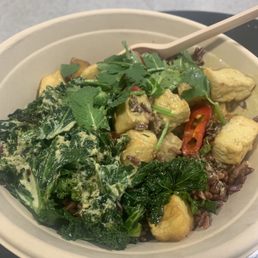 Red rice, tofu, kale, chills and parsley with green curry