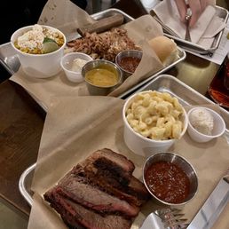 Brisket and pulled pork. Mac and cheese and street corn