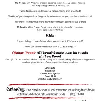 Coco Artisan Bakery & Good Eats - Breakfast menu - Sandwiches Near Me - Washburn, Wisconsin Coco Artisan Bakery & Good Eats - Breakfast menu - Sandwiches Near Me - Washburn, Wisconsin