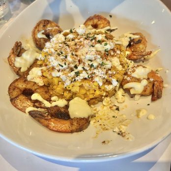 Bonefish Grill - Their special- Cajun Grilled Shrimp with Mexican street corn (minus one eaten shrimp) - Seafood Near Me - Troy, Michigan