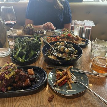 Gather - BRUSSEL SPROUTS, DIRTY FRIES, BONE MARROW FRIED RICE WITH PORK BELLY & POACHED EGG, SIDE OF BROCCOLINI, HOUSE CAB & AN OLD MARKET FASHIONED - New American Near Me - Omaha, Nebraska