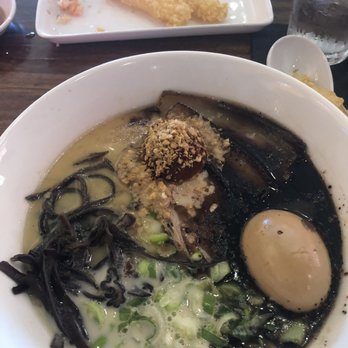 Soho Ramen and Sake Bar - Spicy tonkatsu ramen and what's left of our tempura shrimp appetizer. - Ramen Near Me - Temecula, California