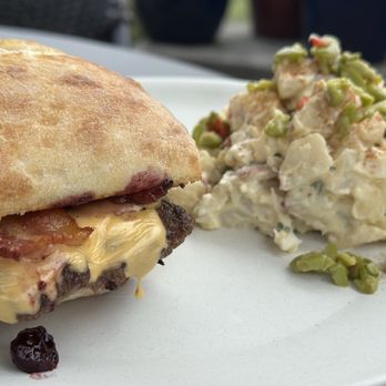Harvest Kitchen - Peanut butter smash burger with potato salad - American Near Me - Sultan, Washington