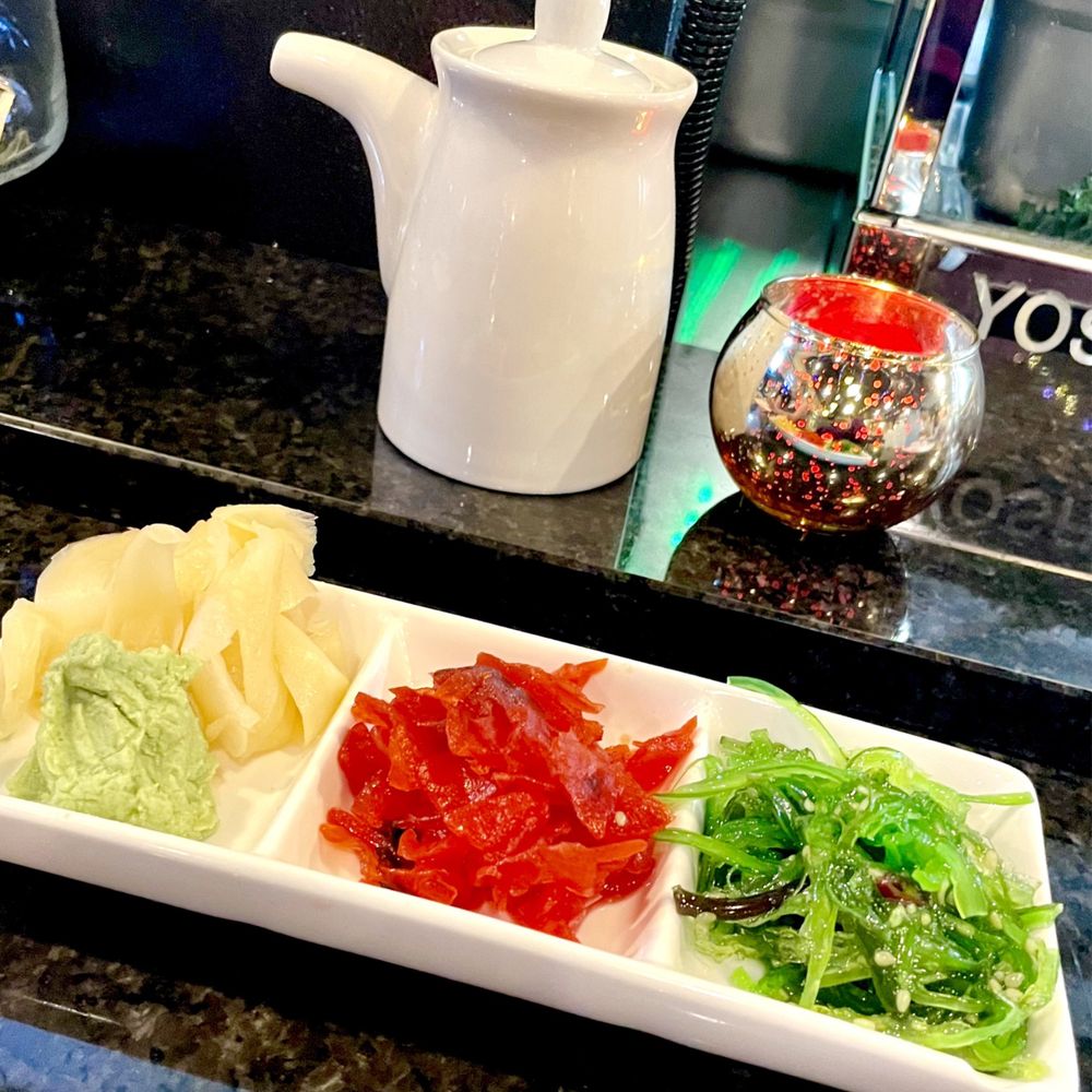 Ahi Sushi - From left to right. Ginger & wasabi, Japanese radish salad & Seaweed salad - Sushi Bars Near Me - Bakersfield, California Ahi Sushi - From left to right. Ginger & wasabi, Japanese radish salad & Seaweed salad - Sushi Bars Near Me - Bakersfield, California
