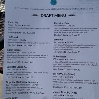 Ever Grain Brewing - Current draft menu (Natural Born Cinna on other side, not pictured) - Breweries Near Me - Camp Hill, Pennsylvania