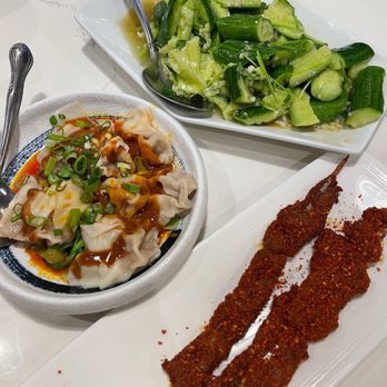 Highland Noodles - Pork wontons with chili sauce, cucumber salad, & lamb skewers - Noodles Near Me - Milpitas, California