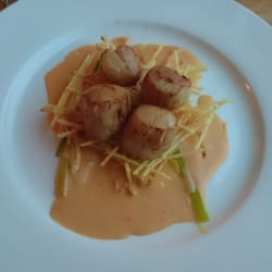 Ian Brown - Scallops with potato rosti & coral & noilly prat sauce. Nice they didn't come with meat like scallop dishes seem to do nowadays!