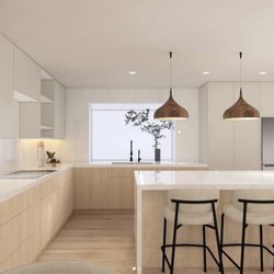 White kitchen with light wood touches