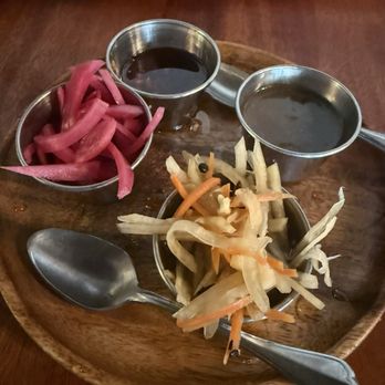 Tropa - Pickled onions, atsara, house chili oil, and house sauce - Filipino Near Me - Lafayette, California Tropa - Pickled onions, atsara, house chili oil, and house sauce - Filipino Near Me - Lafayette, California