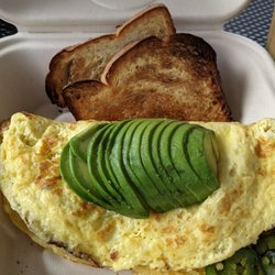 Roasted Toasted Cafe - Make your own omelette: pick a protein (chicken), pick 2 veggies (avocado, jalapenos), pick cheese (pepper jack).
