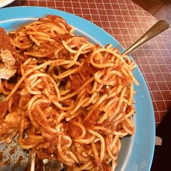 Umberto's Pizza & Pasta - Spaghetti with Marinara looks like it's been sitting out for a while