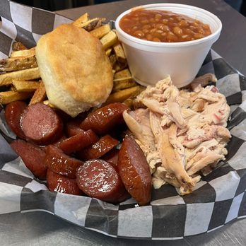 Kellie Ann's BBQ - 2 meat plate-chose any 2 meats...showing kielbasa and pulled chicken. - American Near Me - Linden, Tennessee Kellie Ann's BBQ - 2 meat plate-chose any 2 meats...showing kielbasa and pulled chicken. - American Near Me - Linden, Tennessee
