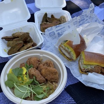 Pikunico - Chicken & Ginger Rice Bowl (with fried chicken) and Golden Chicken Sandwich with fries - Japanese Near Me - Los Angeles, California Pikunico - Chicken & Ginger Rice Bowl (with fried chicken) and Golden Chicken Sandwich with fries - Japanese Near Me - Los Angeles, California