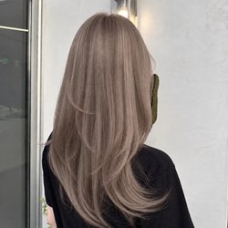 Theodora Hair Studio Olympic - One-process bleach beige hair color at Theodora Hair Studio, a Korean hair salon in Los Angeles specializing in modern color.