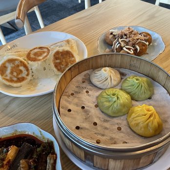 Dumpling Empire - Fried beef dumplings,  Takoyaki, Tri-colored soup dumplings, and Eggplant Salad - Dim Sum Near Me - Omaha, Nebraska
