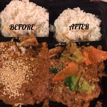 Thai Box - Chicken in peanut sauce (before and after it was stirred) - Thai Near Me - Allen, Texas Thai Box - Chicken in peanut sauce (before and after it was stirred) - Thai Near Me - Allen, Texas