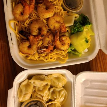 Pho 16 Express - Grilled garlic shrimp & noodles with veg up top, steamed dumplings below - Vietnamese Near Me - Orlando, Florida