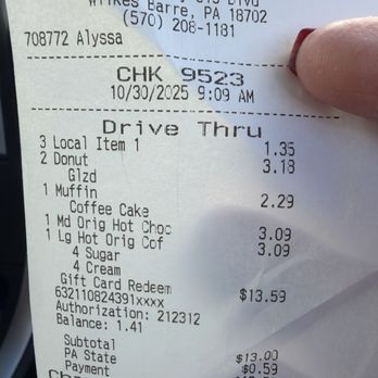 Dunkin' - The receipt showing I paid extra for whipped cream to go on the hot chocolate that now can't be consumed. - Donuts Near Me - Wilkes Barre, Pennsylvania Dunkin' - The receipt showing I paid extra for whipped cream to go on the hot chocolate that now can't be consumed. - Donuts Near Me - Wilkes Barre, Pennsylvania