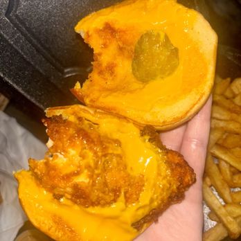 Khan's Hot Chicken - Pic of the cheese - this is a Khan's 1. One Slider with Fries with no coleslaw - Chicken Shop Near Me - Warren, Michigan