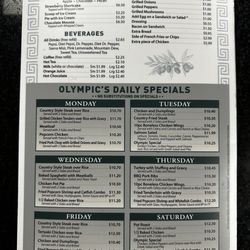 Olympic Family Restaurant - In-dining menu as of November 2023.