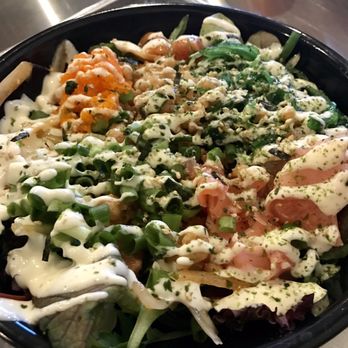 Pokiology - Hubby's regular size bowl with 2 scoops spicy tuna and 1 scoop tofu over salad. - Poke Near Me - Chicago, Illinois