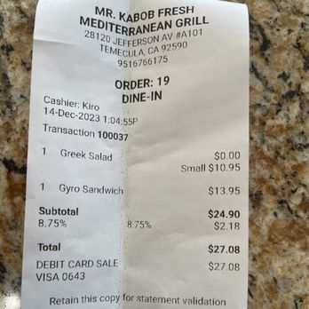 Mr. Kabob Fresh Mediterranean Grill - $27 for a sandwich and a salad? - Mediterranean Near Me - Temecula, California Mr. Kabob Fresh Mediterranean Grill - $27 for a sandwich and a salad? - Mediterranean Near Me - Temecula, California