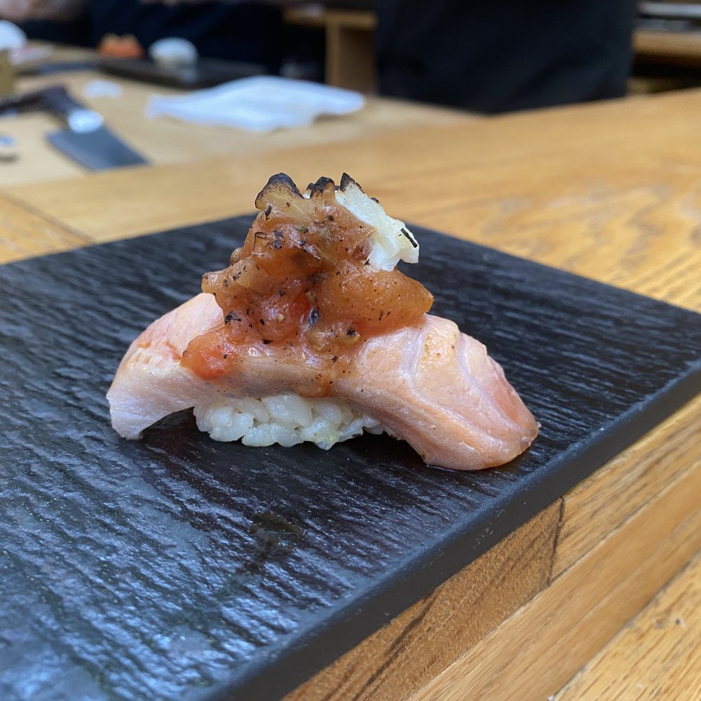 Sushi Lab Rooftop - King salmon with tomato - Japanese Near Me - New York, New York Sushi Lab Rooftop - King salmon with tomato - Japanese Near Me - New York, New York