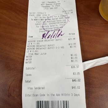 Golden Corral Buffet & Grill - Our bill 2 seniors, 2kids, 1 adult - Buffets Near Me - Pasadena, Texas Golden Corral Buffet & Grill - Our bill 2 seniors, 2kids, 1 adult - Buffets Near Me - Pasadena, Texas