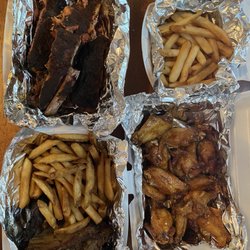 BBQ Honey Garlic Wings brisket ribs smoked wings and fries