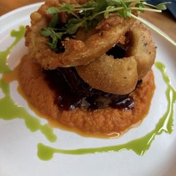 Grilled Meatloaf, Whipped sweet potatoes, onion rings, Cheerwine BBQ sauce Grilled Meatloaf, Whipped sweet potatoes, onion rings, Cheerwine BBQ sauce