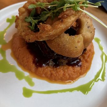 The Monroe - Grilled Meatloaf, Whipped sweet potatoes, onion rings, Cheerwine BBQ sauce - New American Near Me - Orlando, Florida The Monroe - Grilled Meatloaf, Whipped sweet potatoes, onion rings, Cheerwine BBQ sauce - New American Near Me - Orlando, Florida