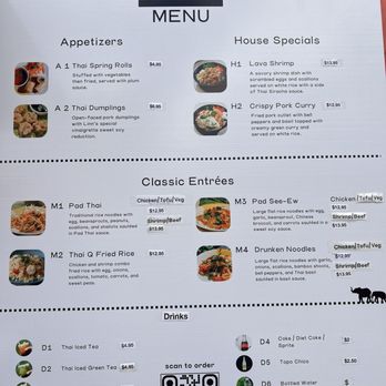 Thai Q - Menu - Thai Q menu includes sections for appetizers, house specials, classic entrées, and drinks. Appetizers feature Thai spring rolls and dumplings. House specials include lava shrimp and crispy pork curry. Classic entrées offer pad Thai, Thai fried rice, pad see-ew, and drunken noodles, with options for chicken, tofu, or shrimp. Drinks include Thai iced tea, green tea, coffee, soda, and bottled water. The menu provides prices, descriptions, and a QR code for ordering, with a contact number and website at the bottom. - Thai Near Me - Austin, Texas