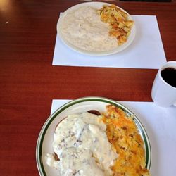 Trolley Shops Restaurant - Near is creamed chipped beef over rye toast, top is sausage gravy over biscuits. Homefries.