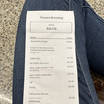 Threes Brewing - Moynihan - a receipt for threes brewing - Breweries Near Me - New York, New York